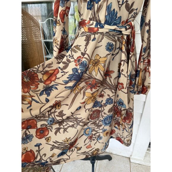 Vintage 70's Sears MOD Big Floral Belted Dress Beige Blue Size 10 - Picture 7 of 12